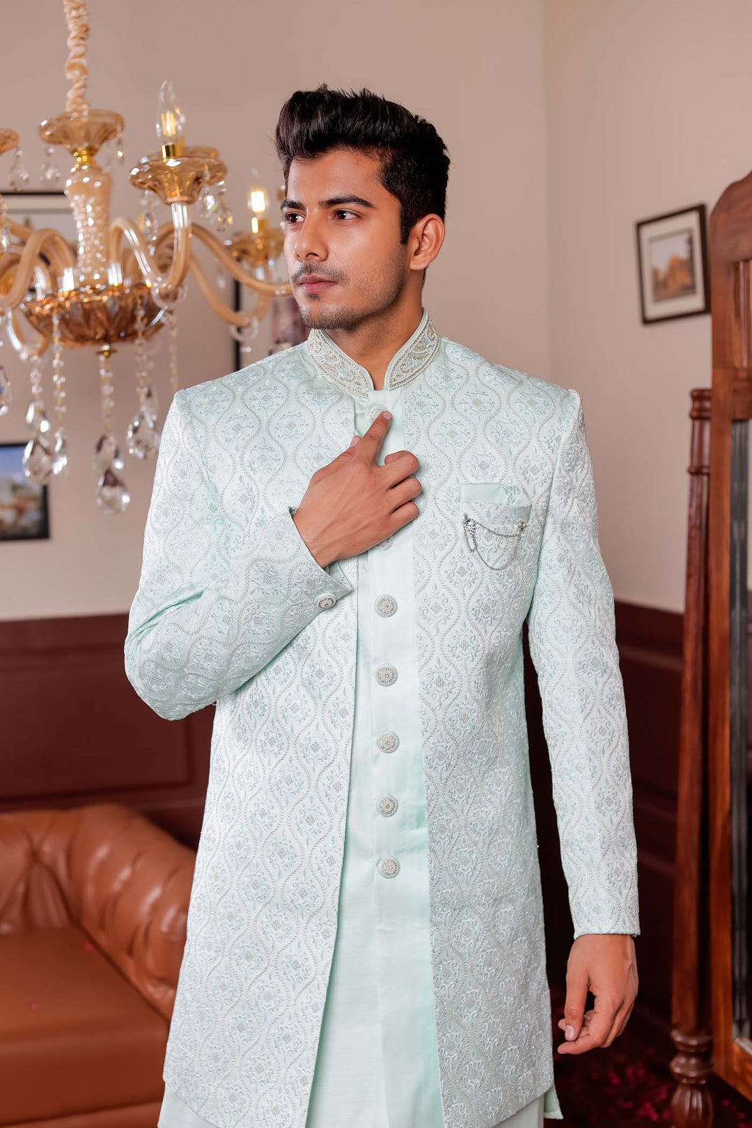Light Blue Jacket Style Indo-western suit with resham thread Embroidery