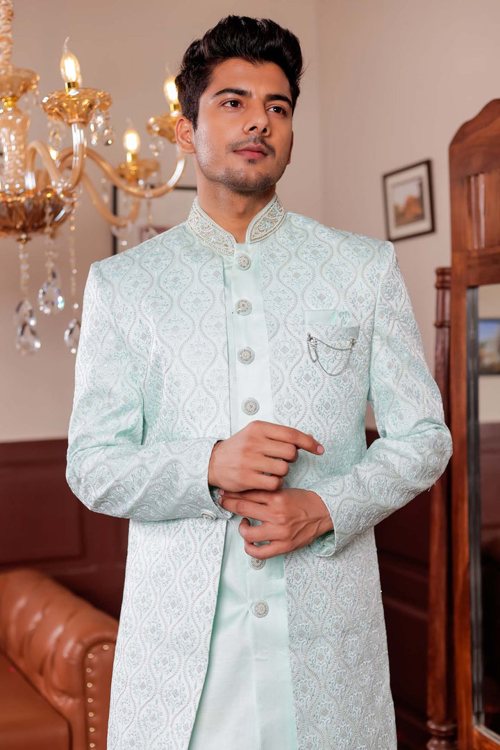 Light Blue Jacket Style Indo-western suit with resham thread Embroidery