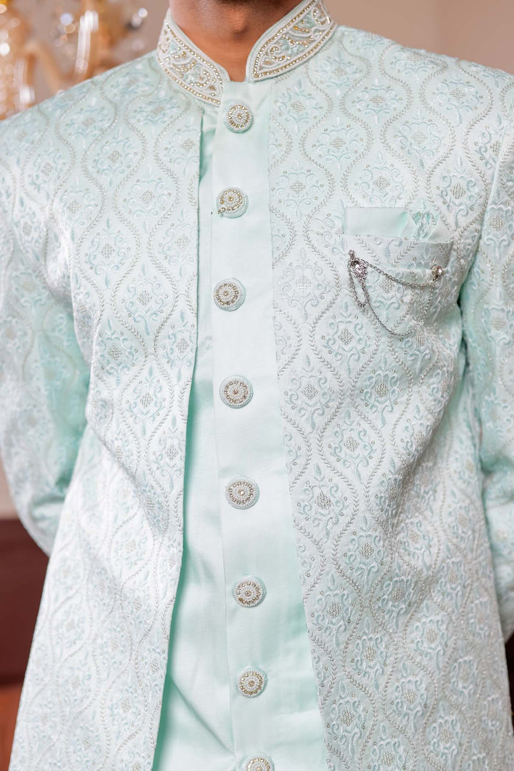 Light Blue Jacket Style Indo-western suit with resham thread Embroidery