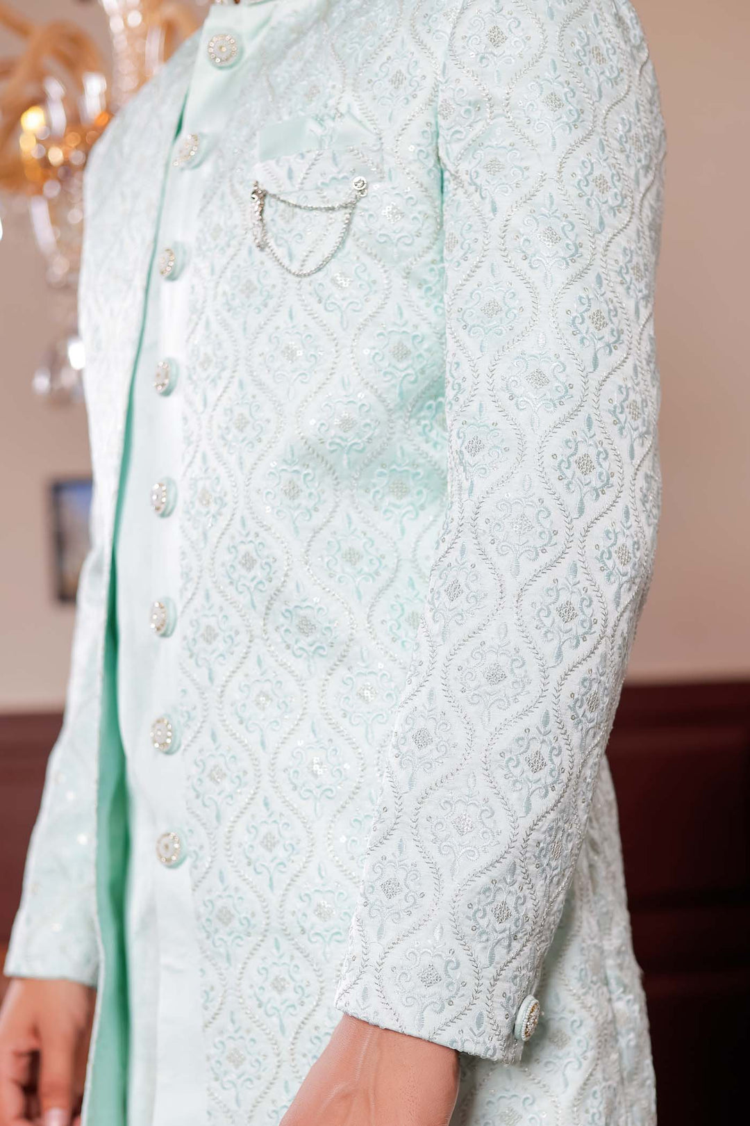 Light Blue Jacket Style Indo-western suit with resham thread Embroidery