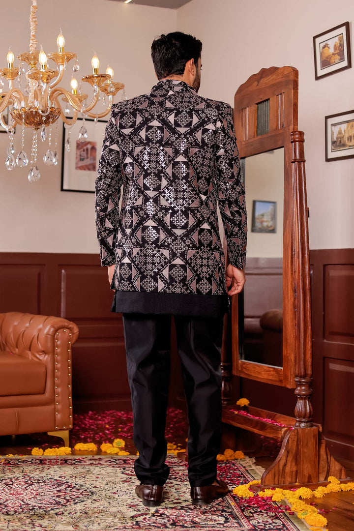 Black Open Jacket Style Indo-western Suit with Kurta.