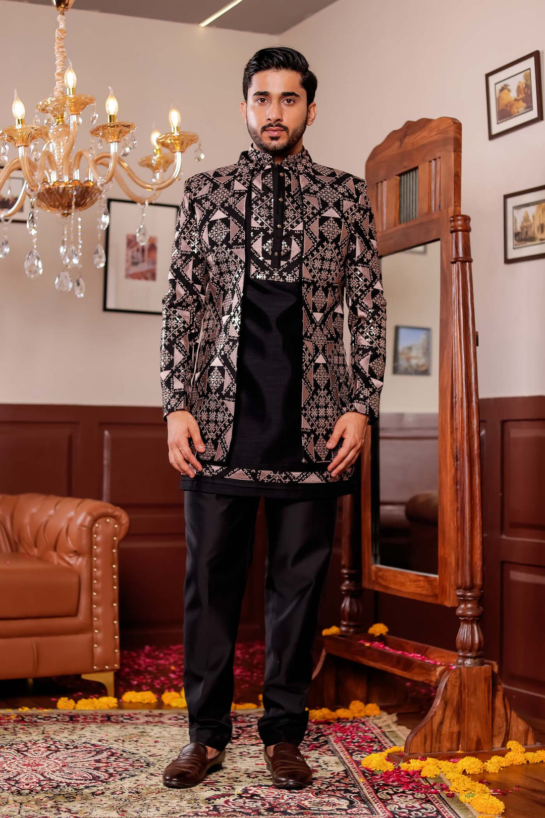 Black Open Jacket Style Indo-western Suit with Kurta.