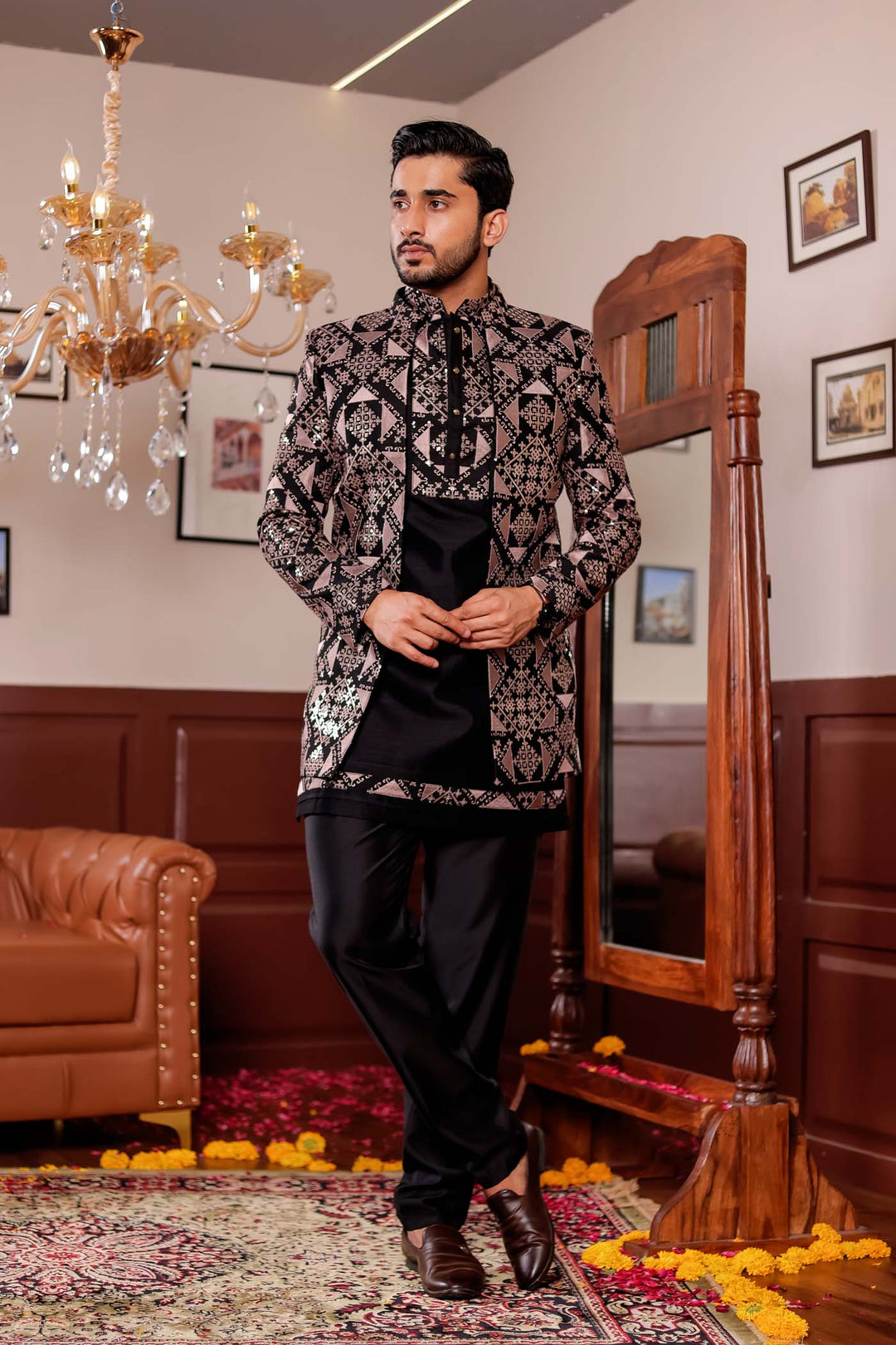 Black Open Jacket Style Indo-western Suit with Kurta.