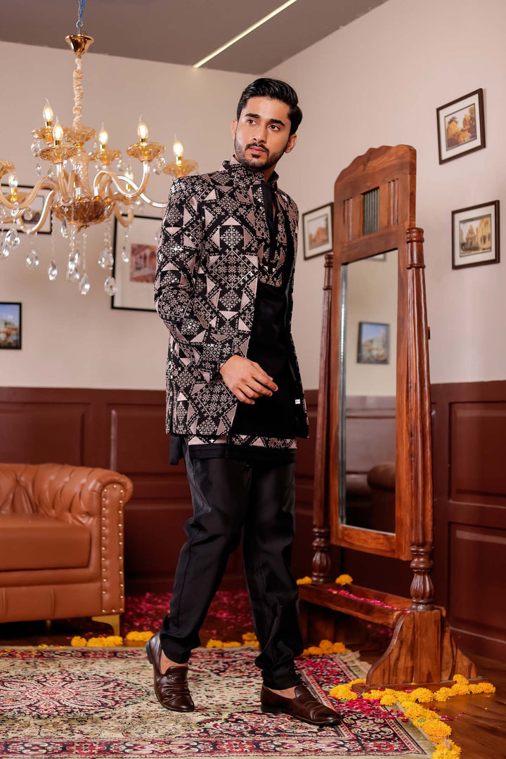 Black Open Jacket Style Indo-western Suit with Kurta.