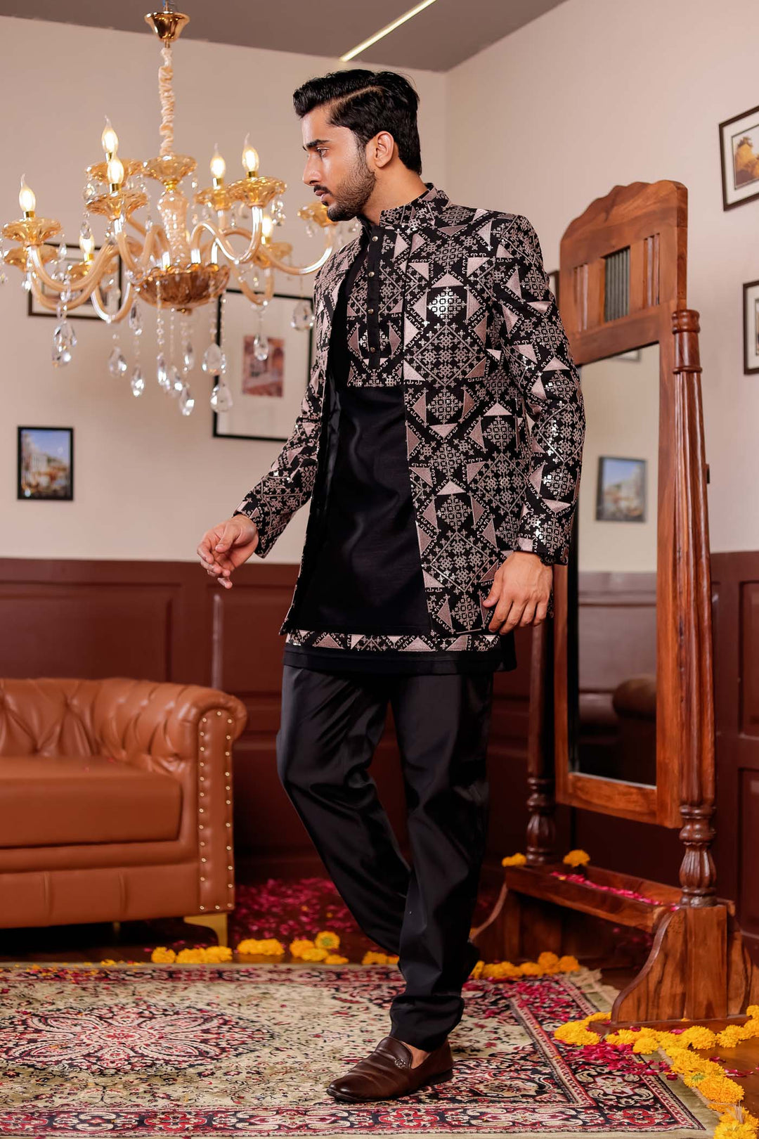 Black Open Jacket Style Indo-western Suit with Kurta.