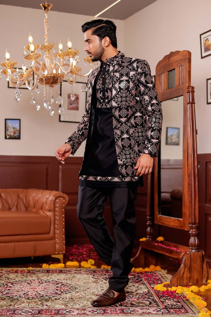 Black Open Jacket Style Indo-western Suit with Kurta.