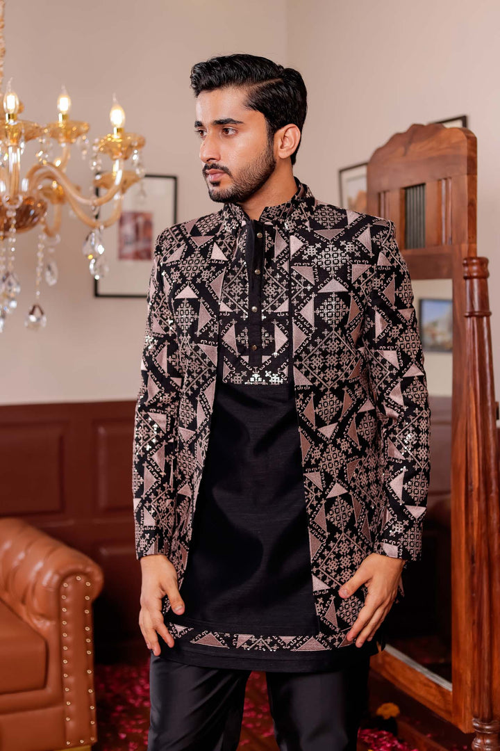 Black Open Jacket Style Indo-western Suit with Kurta.