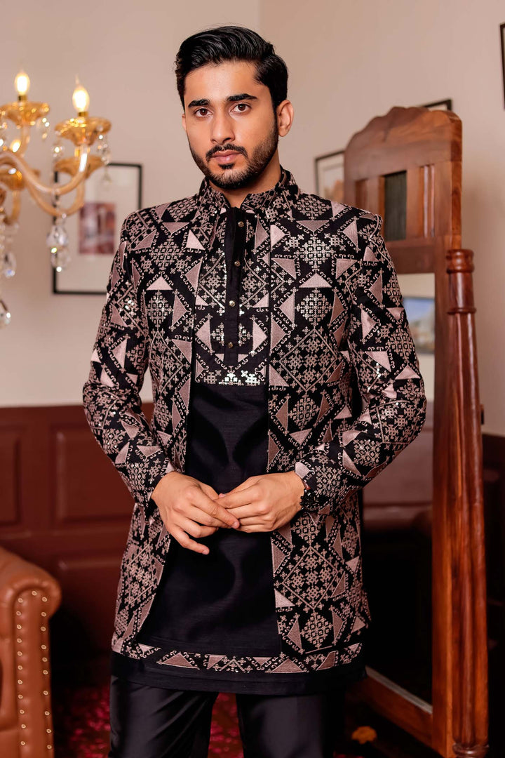Black Open Jacket Style Indo-western Suit with Kurta.