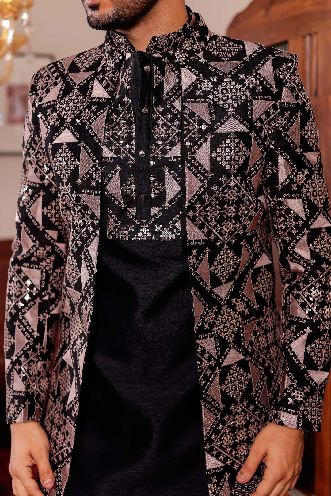 Black Open Jacket Style Indo-western Suit with Kurta.