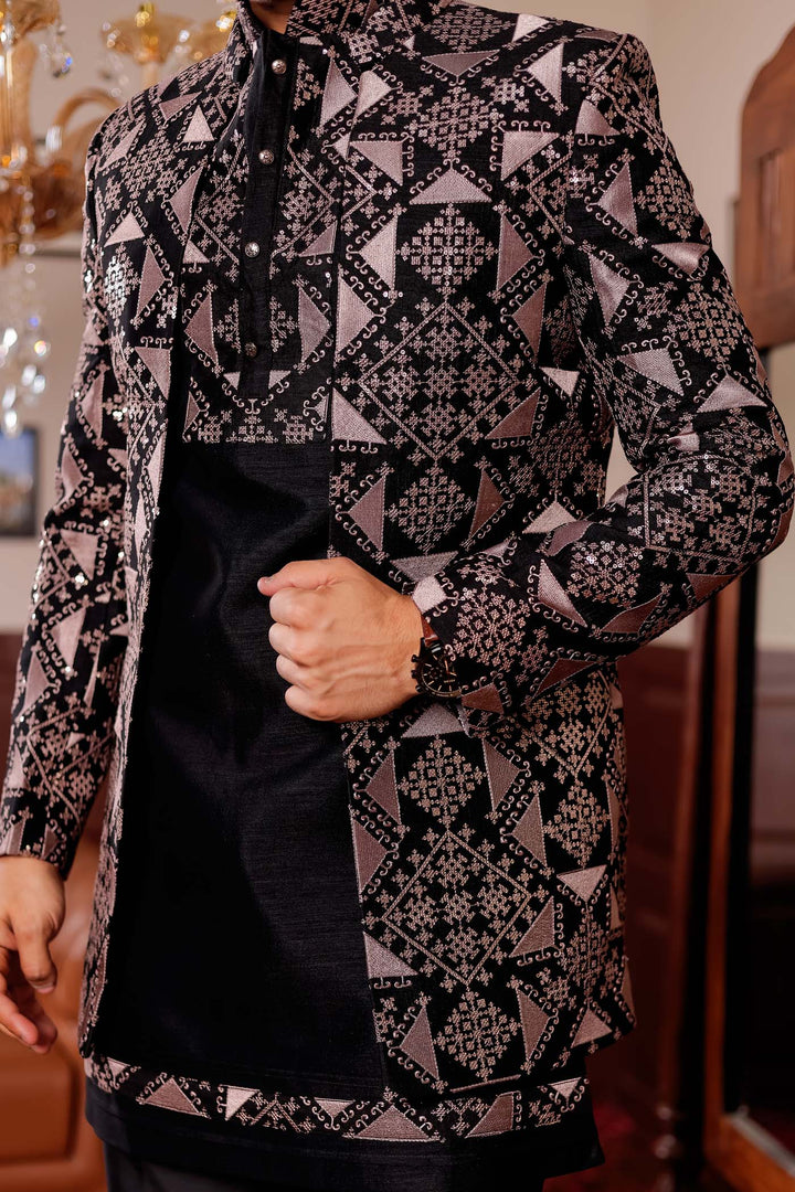 Black Open Jacket Style Indo-western Suit with Kurta.