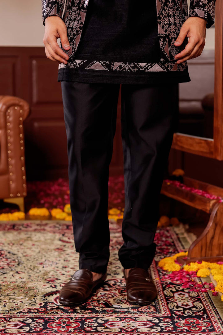 Black Open Jacket Style Indo-western Suit with Kurta.
