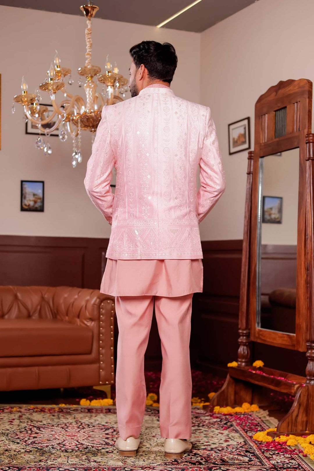 Light Peach Raw Silk Jacket Style Indo-western Suit with Kurta.