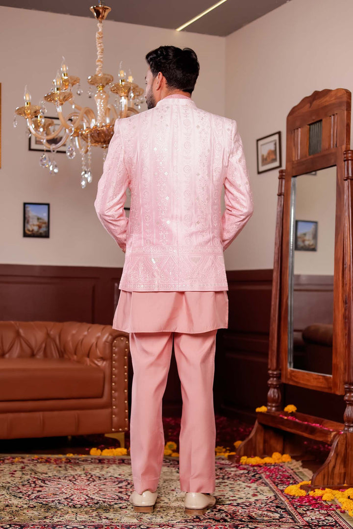 Light Peach Raw Silk Jacket Style Indo-western Suit with Kurta.
