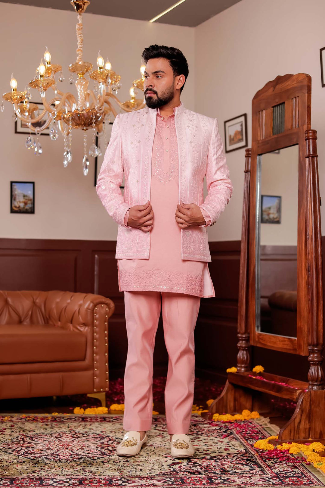 Light Peach Raw Silk Jacket Style Indo-western Suit with Kurta.