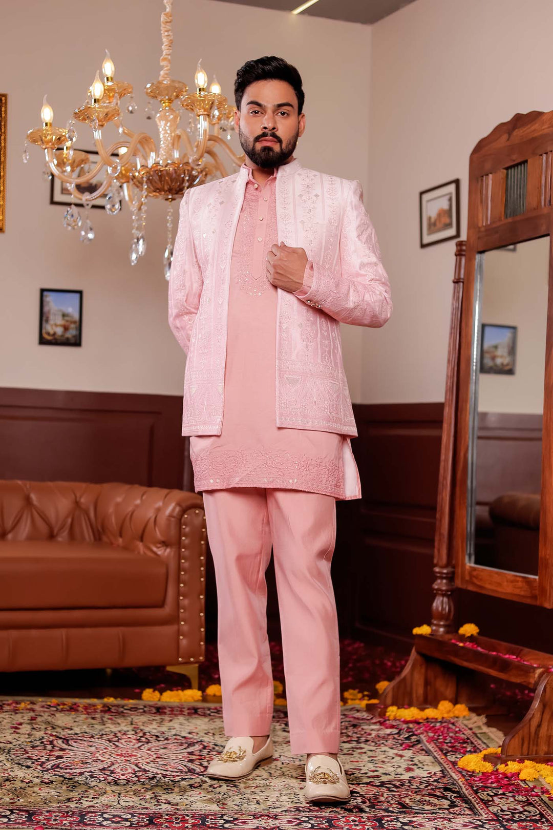 Light Peach Raw Silk Jacket Style Indo-western Suit with Kurta.