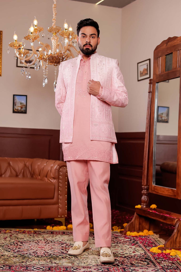 Light Peach Raw Silk Jacket Style Indo-western Suit with Kurta.