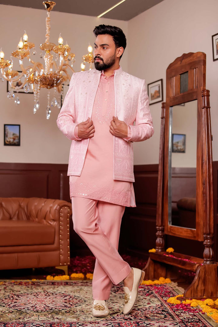 Light Peach Raw Silk Jacket Style Indo-western Suit with Kurta.
