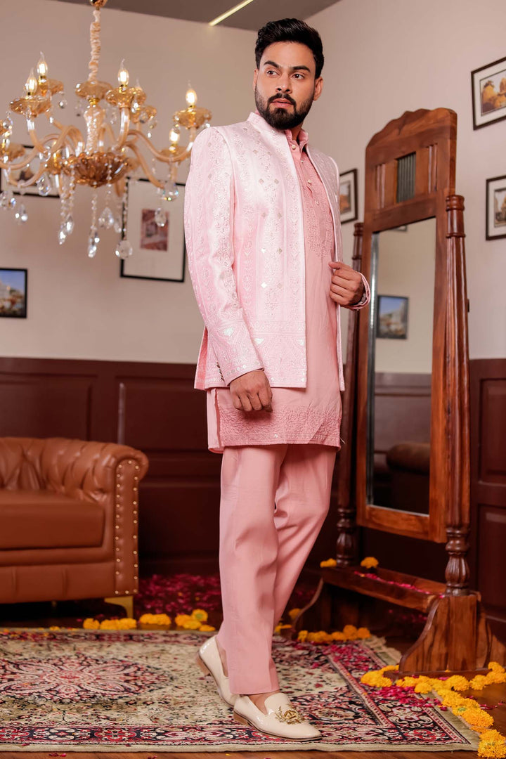Light Peach Raw Silk Jacket Style Indo-western Suit with Kurta.