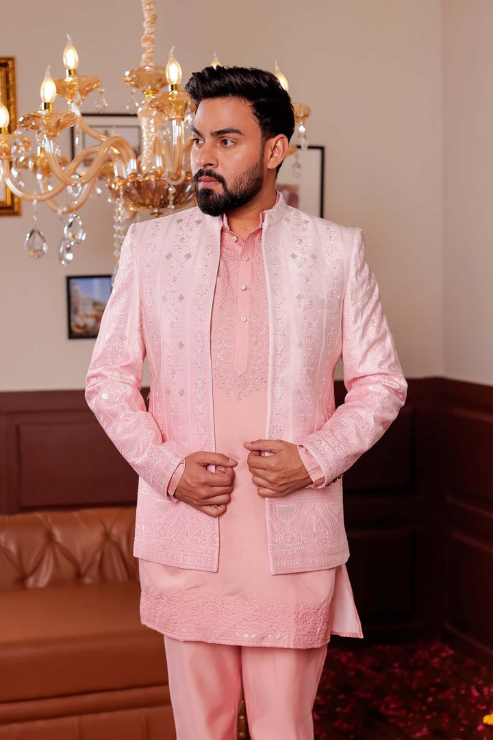 Light Peach Raw Silk Jacket Style Indo-western Suit with Kurta.