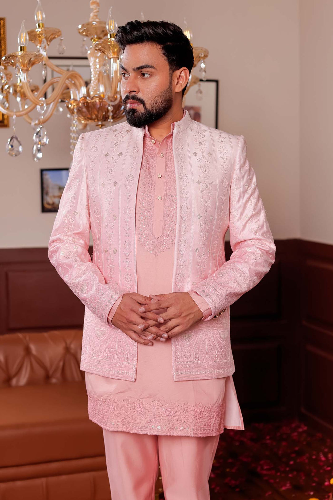 Light Peach Raw Silk Jacket Style Indo-western Suit with Kurta.