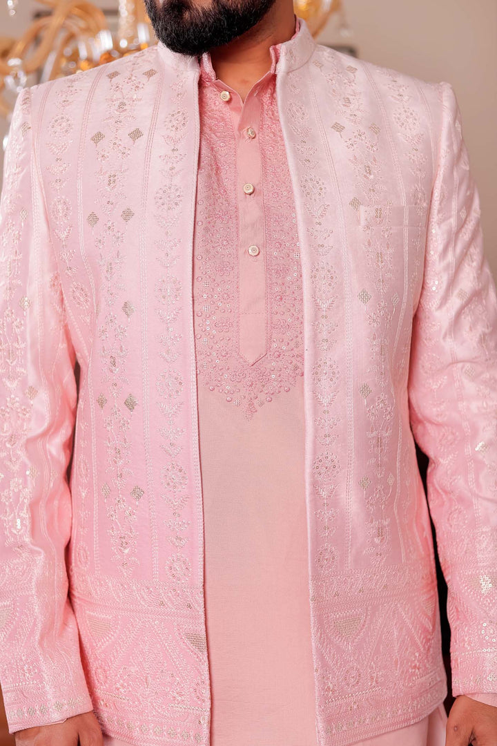 Light Peach Raw Silk Jacket Style Indo-western Suit with Kurta.