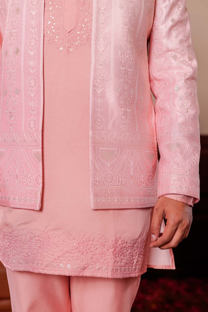 Light Peach Raw Silk Jacket Style Indo-western Suit with Kurta.