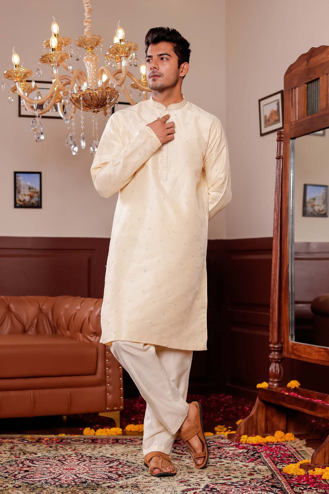 Cream Silk Kurta Suit with Thread Embroidery on Neckline.