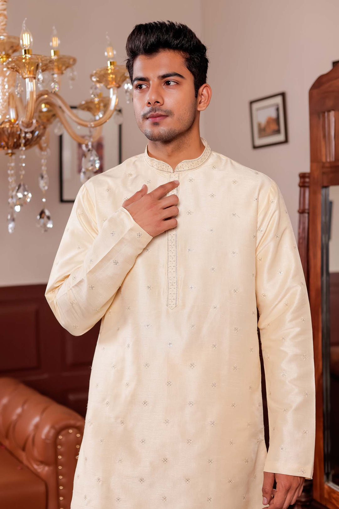 Cream Silk Kurta Suit with Thread Embroidery on Neckline.
