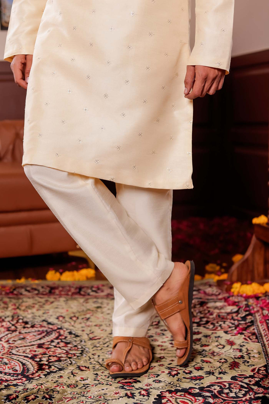 Cream Silk Kurta Suit with Thread Embroidery on Neckline.