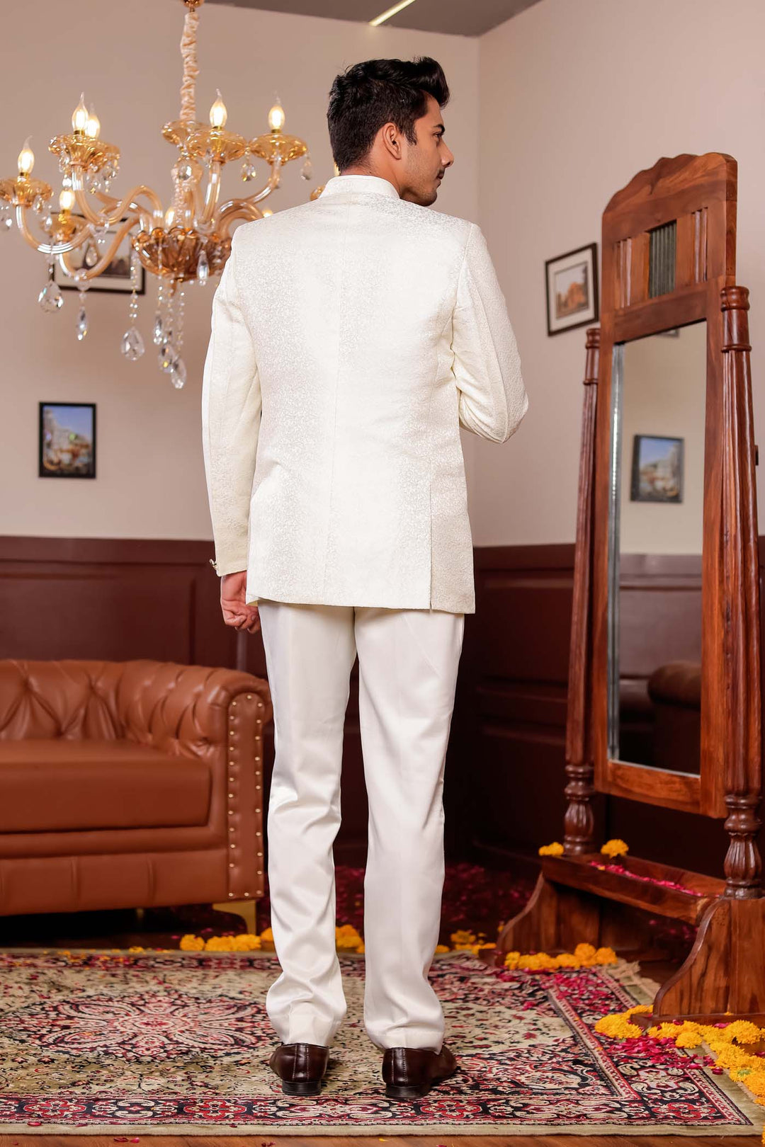 Cream Brocade Silk Jodhpuri Suit.
