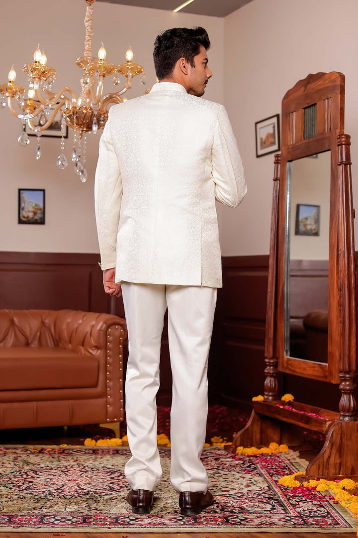 Cream Brocade Silk Jodhpuri Suit.