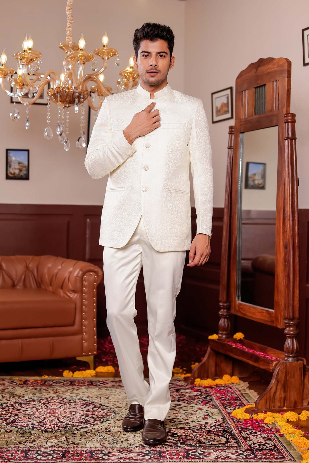 Cream Brocade Silk Jodhpuri Suit.