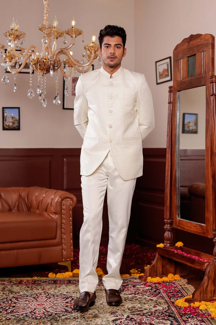 Cream Brocade Silk Jodhpuri Suit.