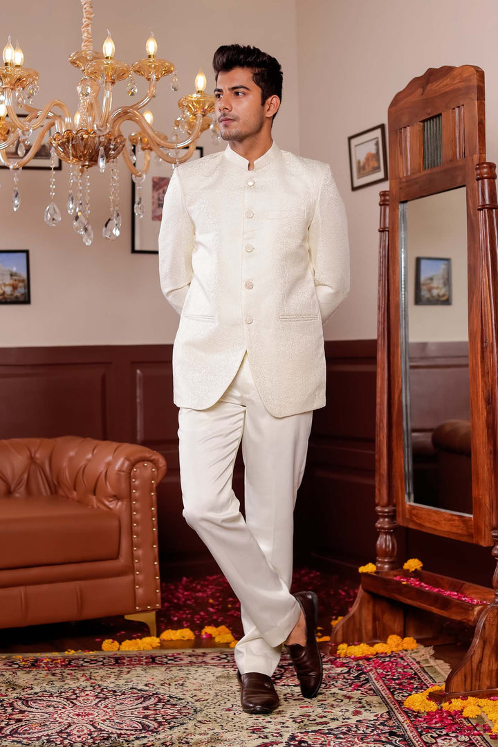 Cream Brocade Silk Jodhpuri Suit.