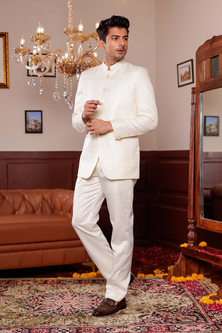 Cream Brocade Silk Jodhpuri Suit.