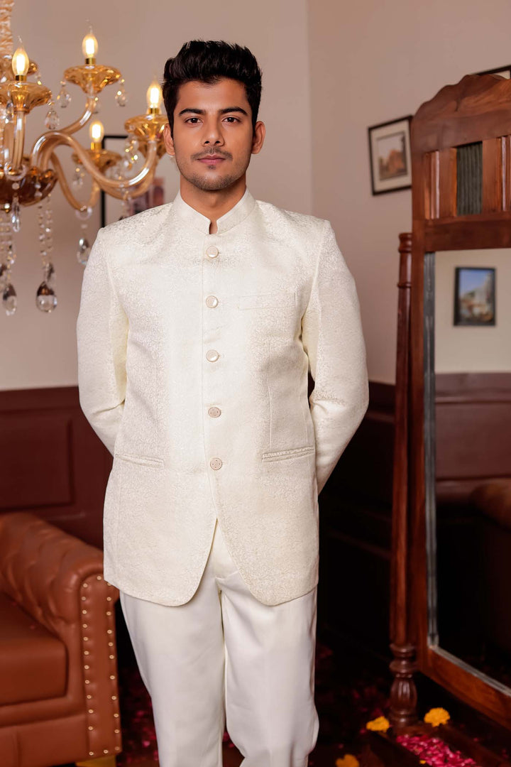 Cream Brocade Silk Jodhpuri Suit.