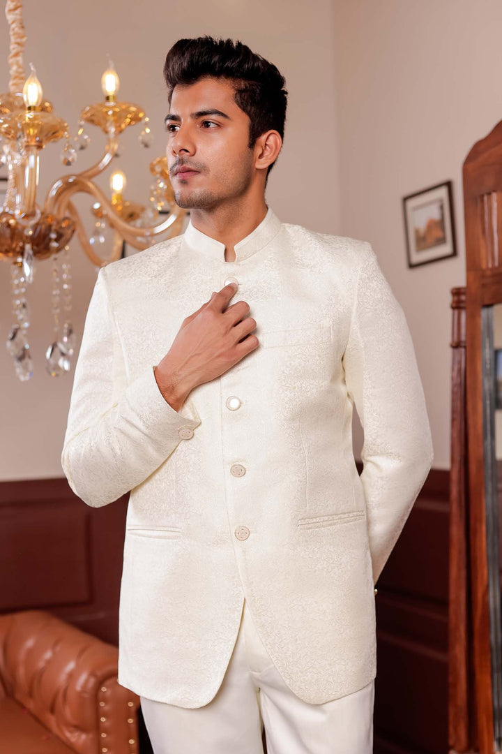 Cream Brocade Silk Jodhpuri Suit.