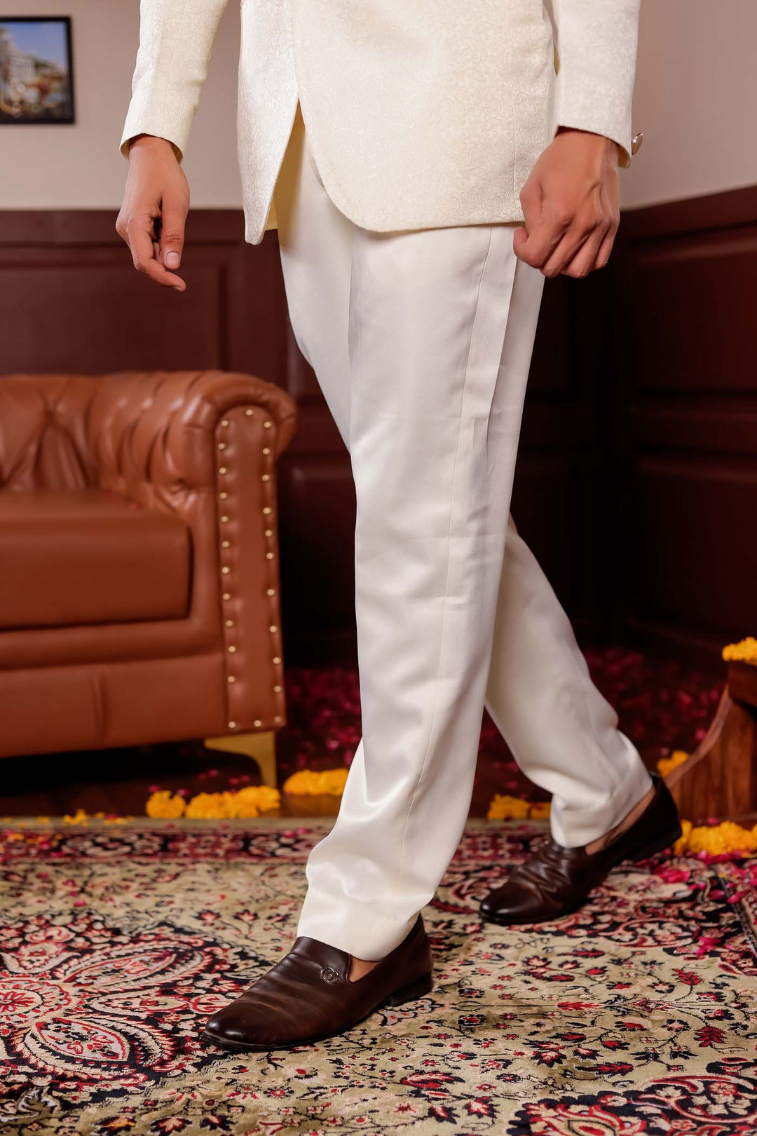 Cream Brocade Silk Jodhpuri Suit.