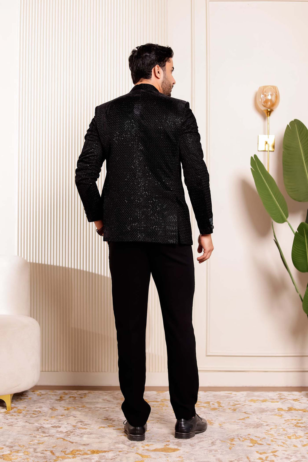 Black Velvet Sequins Embroidered Jodhpuri Suit.