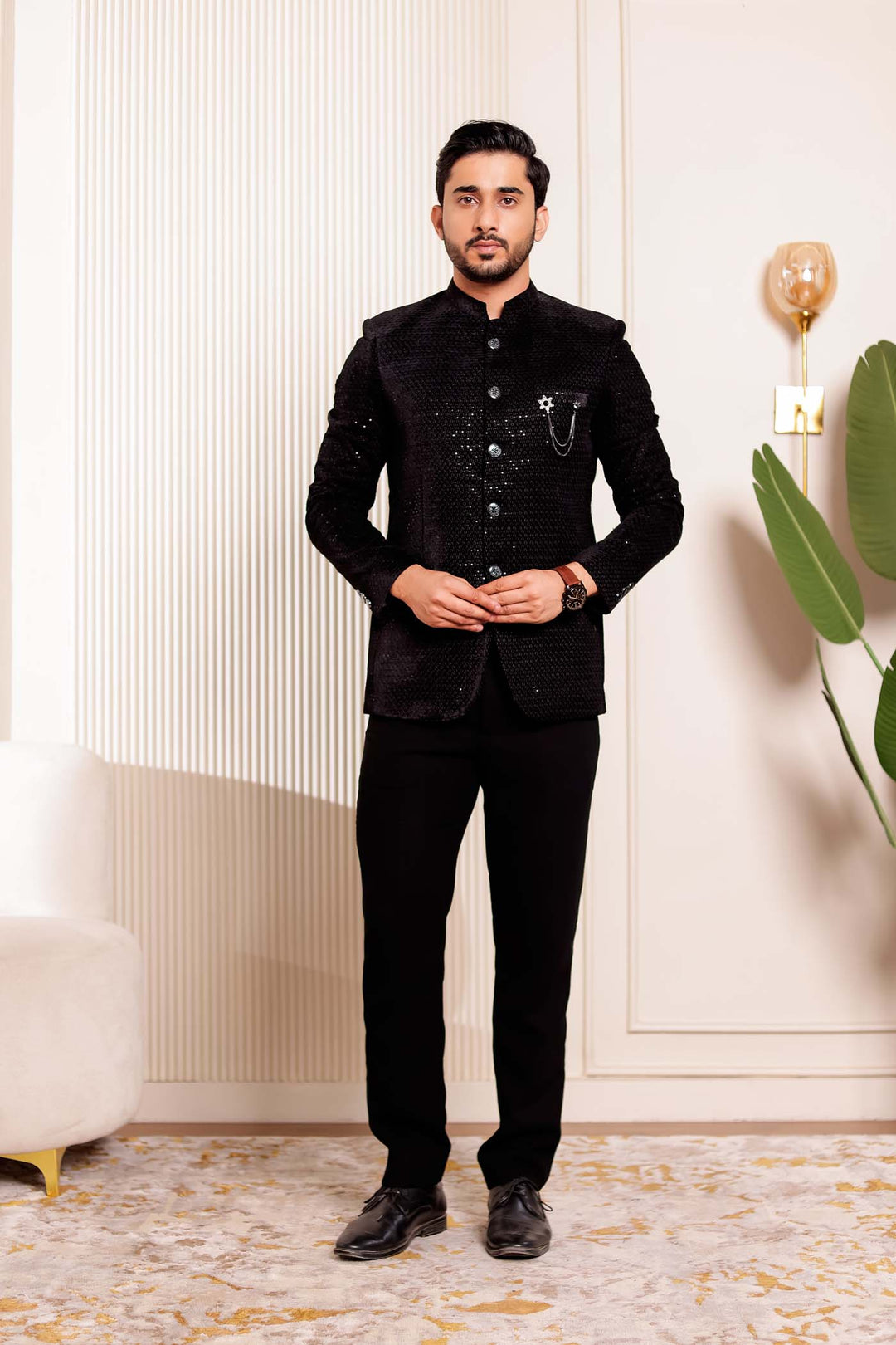 Black Velvet Sequins Embroidered Jodhpuri Suit.