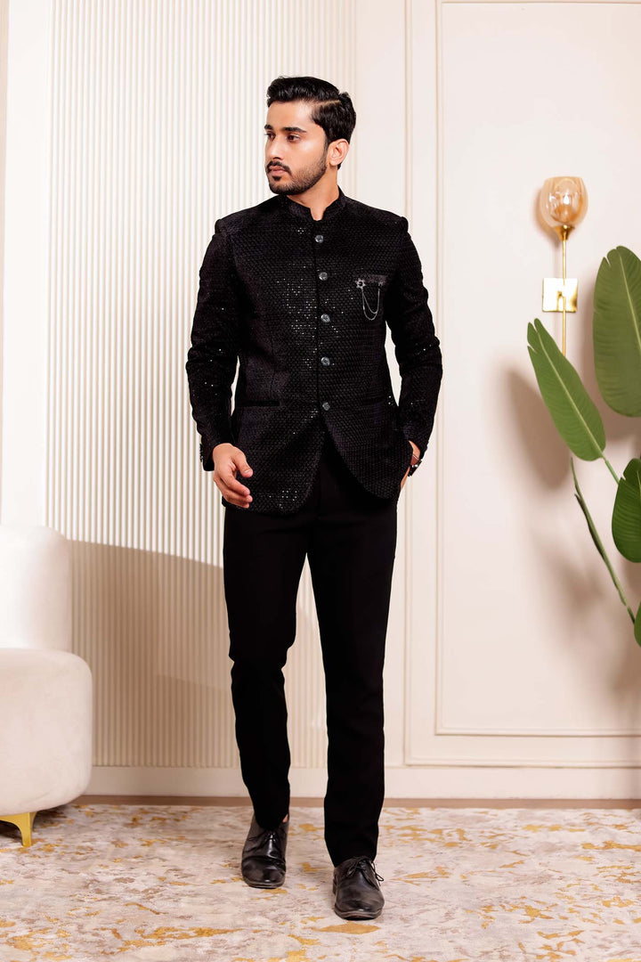 Black Velvet Sequins Embroidered Jodhpuri Suit.