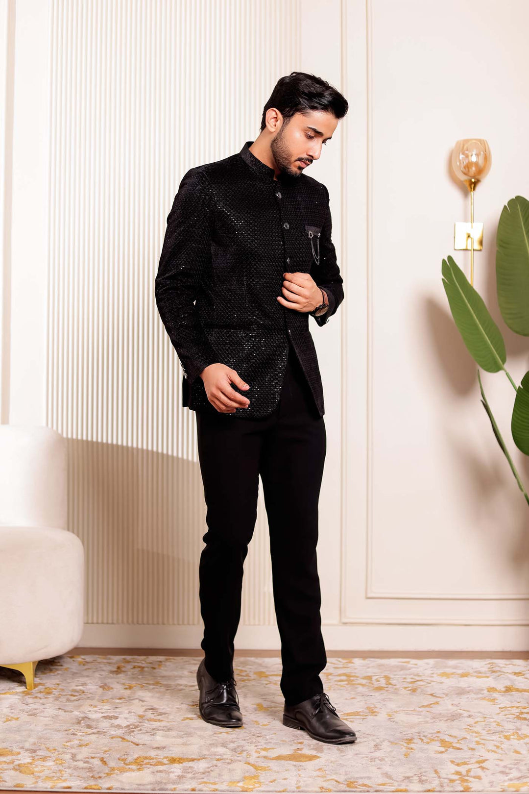 Black Velvet Sequins Embroidered Jodhpuri Suit.