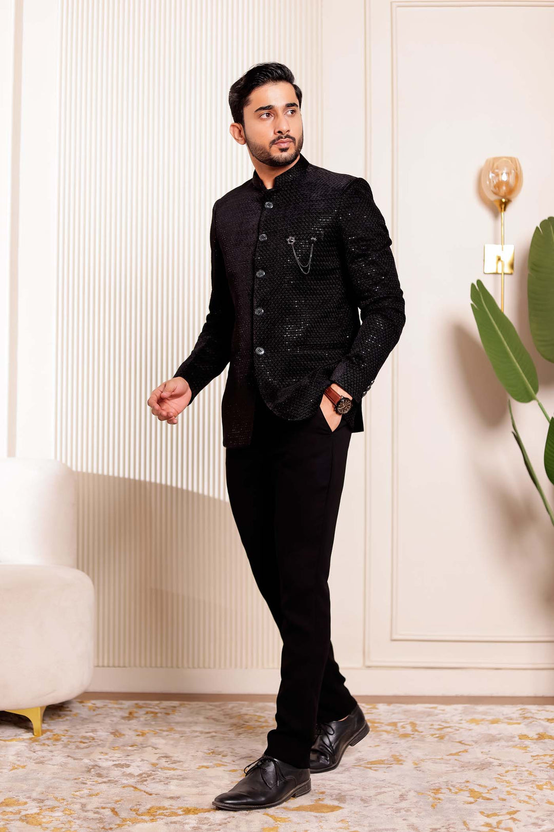Black Velvet Sequins Embroidered Jodhpuri Suit.