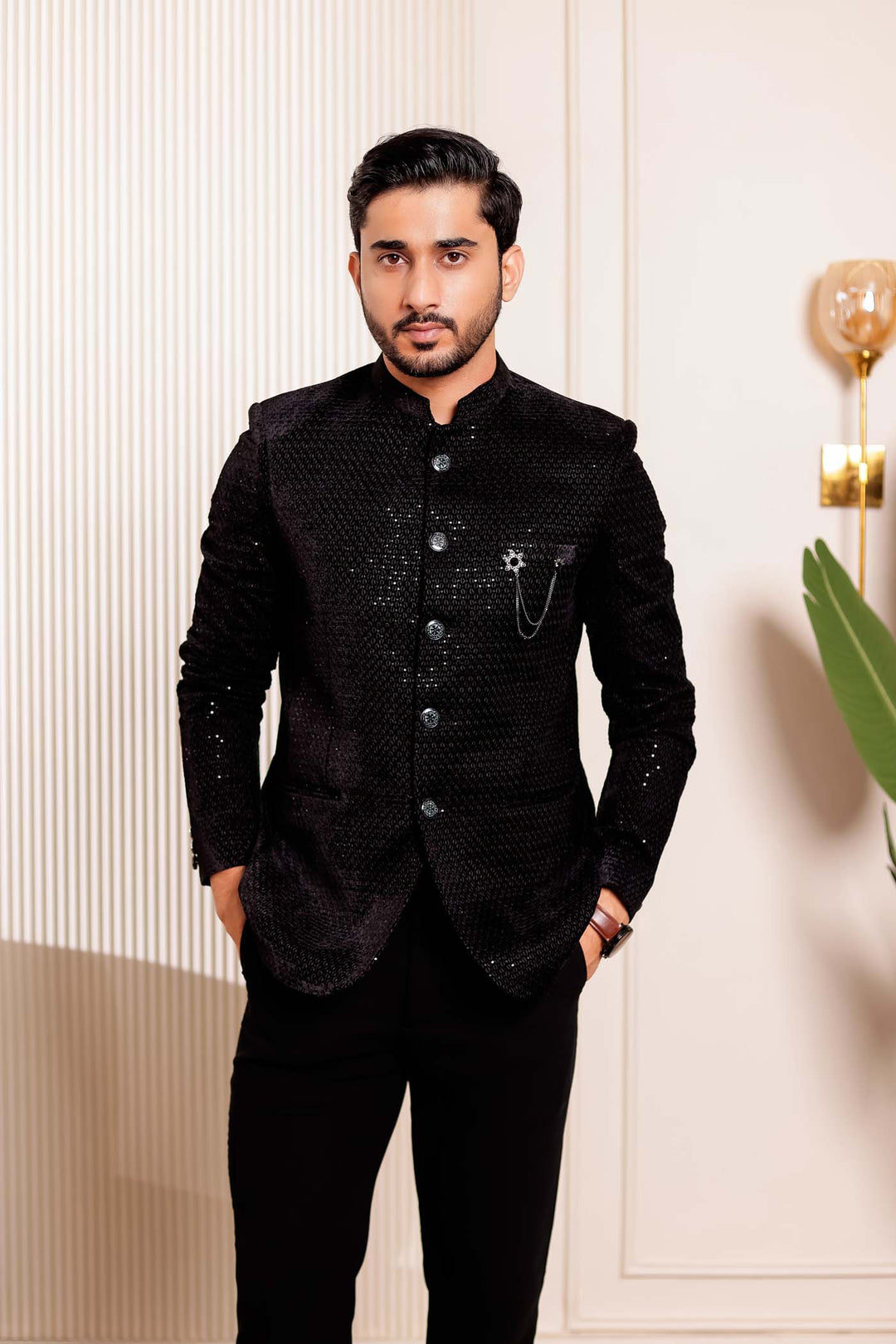 Black Velvet Sequins Embroidered Jodhpuri Suit.