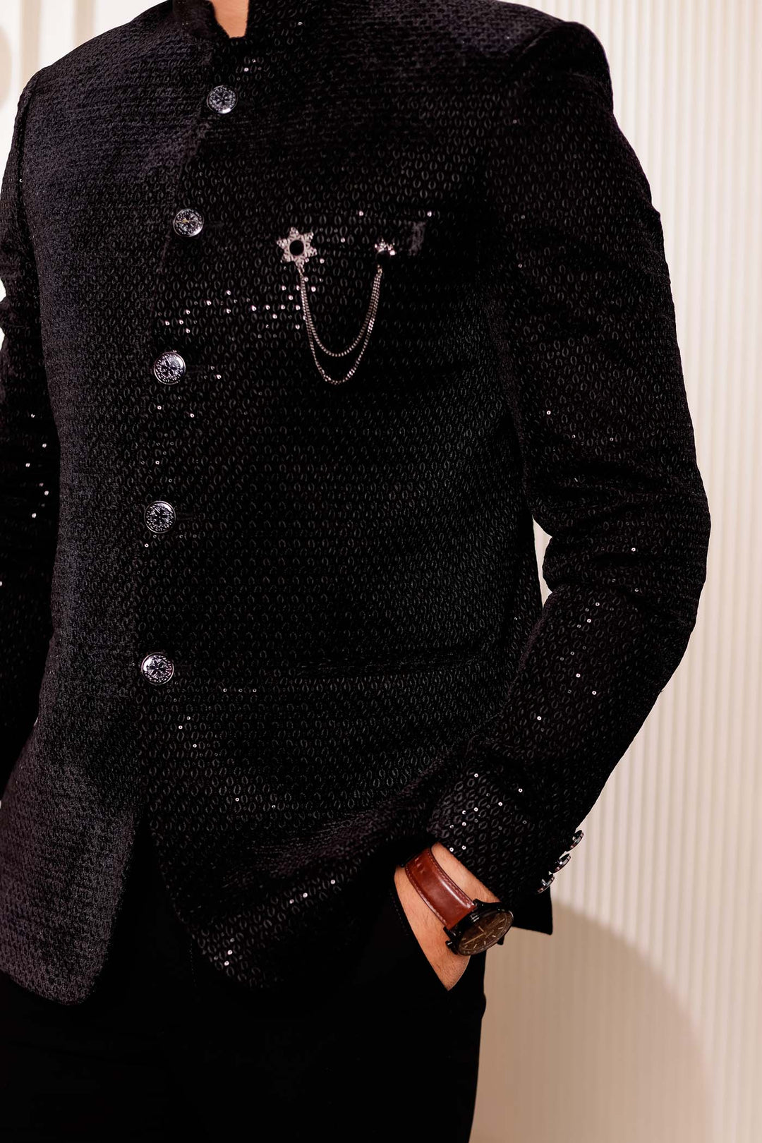 Black Velvet Sequins Embroidered Jodhpuri Suit.