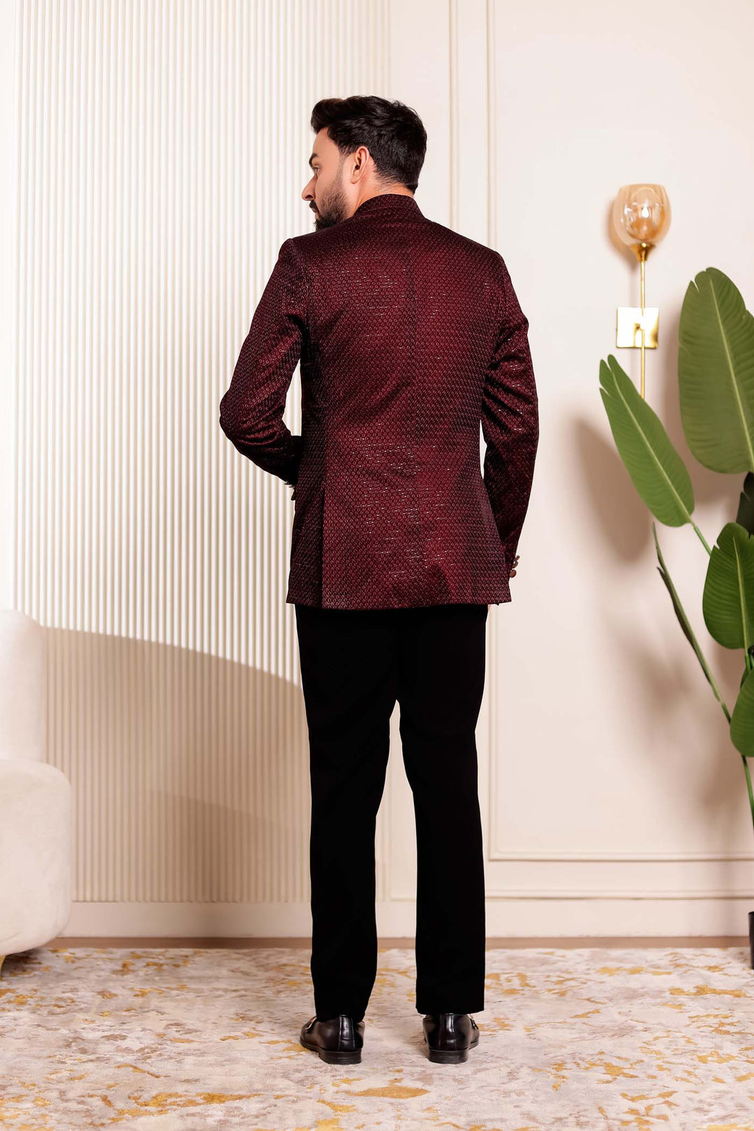 Maroon Velvet Sequins Embroidered Jodhpuri Suit.