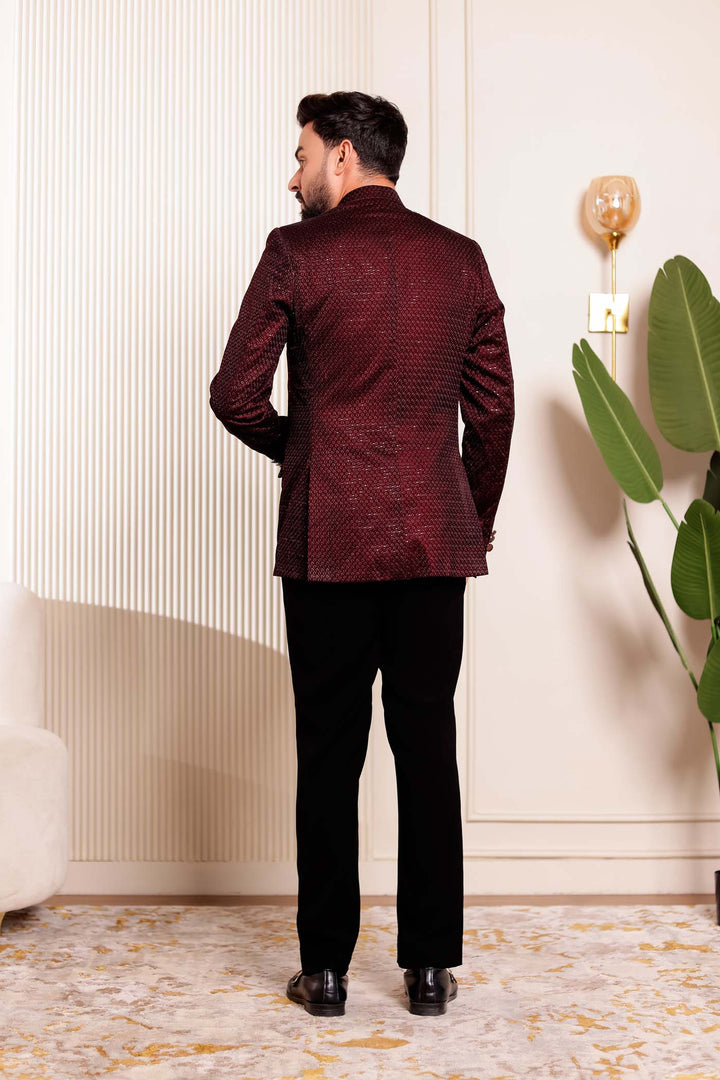 Maroon Velvet Sequins Embroidered Jodhpuri Suit.