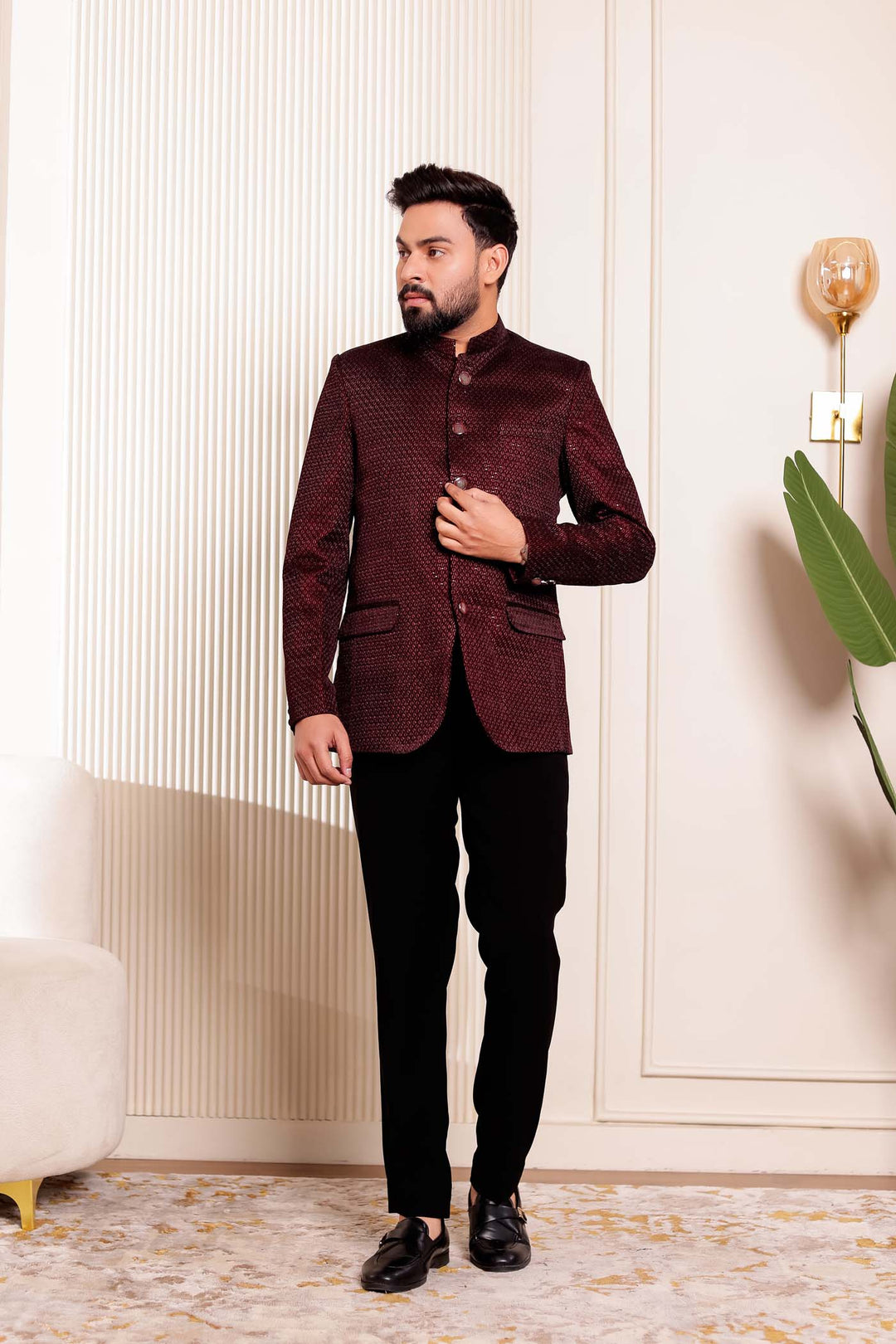 Maroon Velvet Sequins Embroidered Jodhpuri Suit.