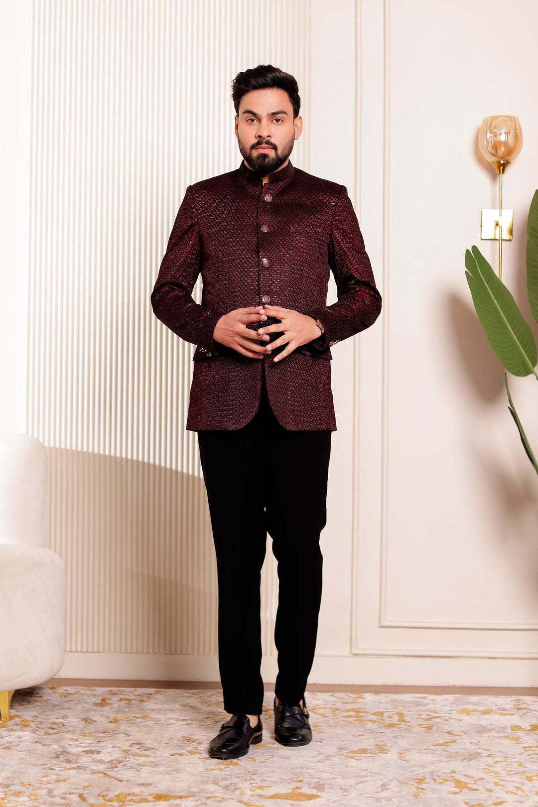 Maroon Velvet Sequins Embroidered Jodhpuri Suit.