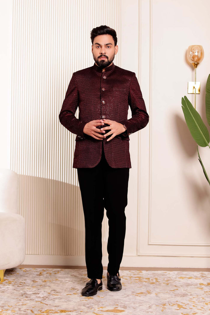 Maroon Velvet Sequins Embroidered Jodhpuri Suit.